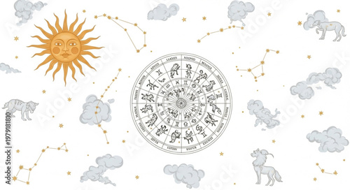 Astrology Zodiac Constellations Sun Clouds and Celestial Symbols.