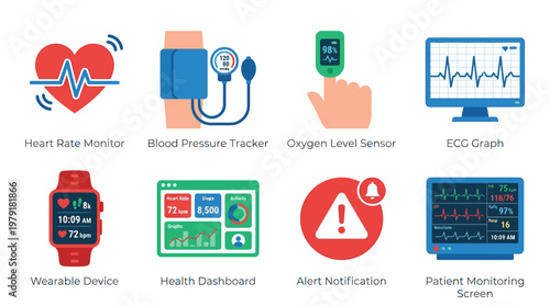 Health monitoring vector set includes icons for heart rate, blood pressure, oxygen level, ECG graph, wearable device, and alert notification on a health dashboard.