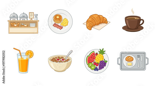 A vector set of various breakfast foods and drinks on a table with plates and utensils.