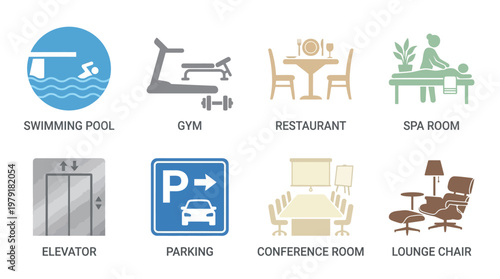 Vector Set of Modern Hotel Amenities and Facilities Icons for Travelers