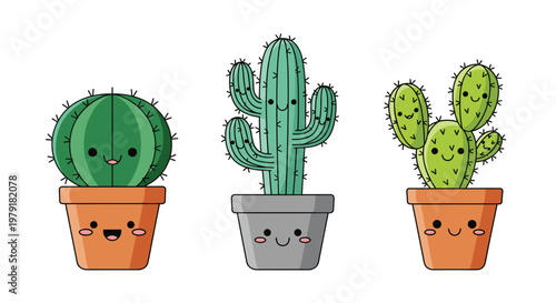 Three cute potted cactus characters with friendly smiling faces for desert, nature, and whimsical nursery themed decorations.