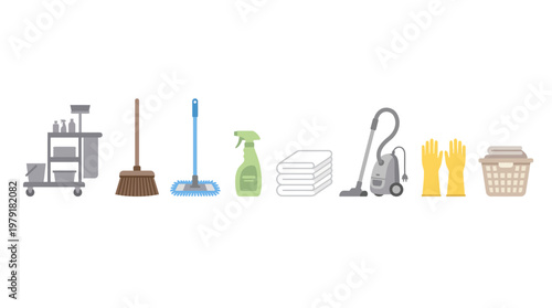 A vector set of cleaning tools and supplies arranged on a surface in a janitor's cart.
