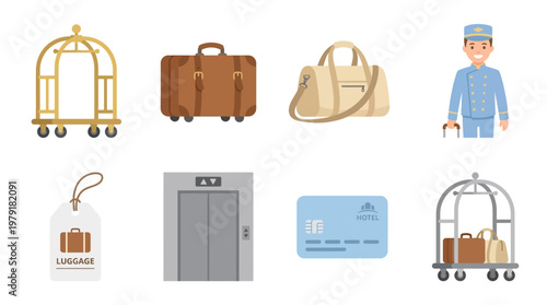 A vector set of hotel luggage icons including a porter, suitcases, and a luggage cart.