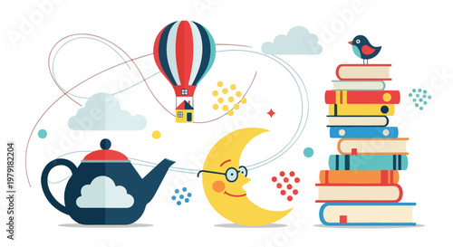 Whimsical Cartoon Objects with Books and Teapot.