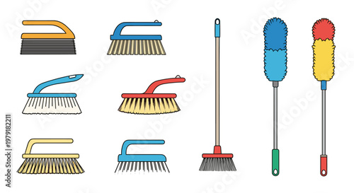 Assorted cleaning tools including various scrubbing brushes, a broom, and duster mops in vibrant colors for household chores.