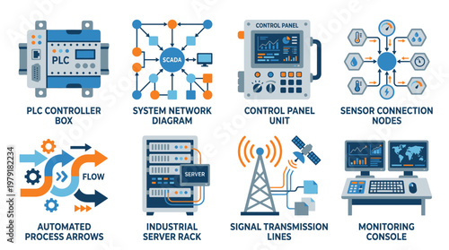 Industrial automation vector set showing various control systems and technology infrastructure components.