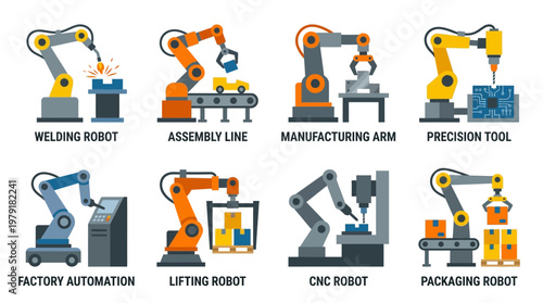A vector set of industrial robots working on various factory automation tasks in a manufacturing plant with machinery and tools.