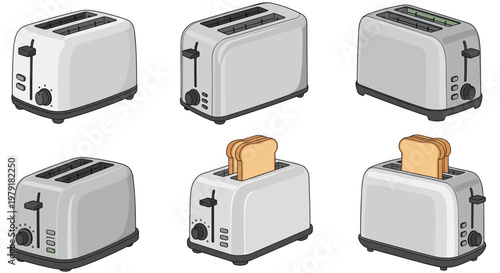 Set of electric toasters from various angles including empty models and those with toasted bread slices for kitchen themes.