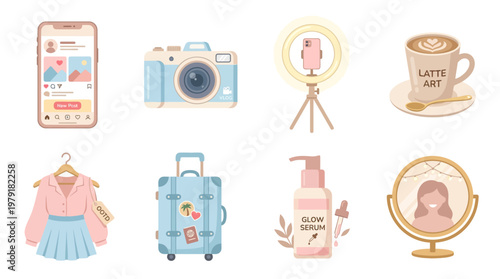 Travel vector set featuring a smartphone, camera, tripod, coffee cup, dress, suitcase, skincare, and globe on a lifestyle background with various accessories.