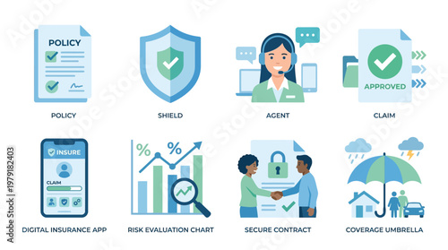 A comprehensive vector set of insurance-related icons and symbols for policy, shield, agent, claim, and coverage.
