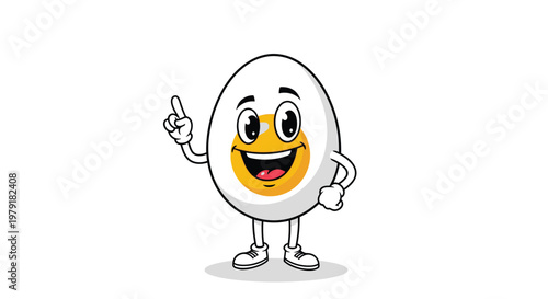 Cheerful hard-boiled egg character with a friendly face, yellow yolk, and hands pointing up for breakfast and nutrition themes.