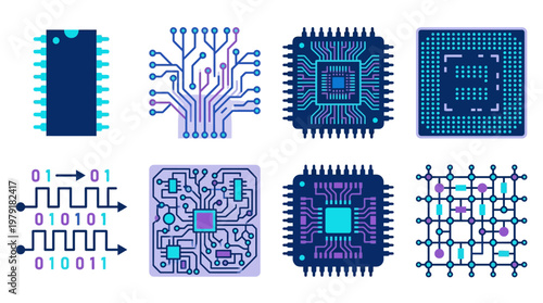 A vector set of various microchip and circuit board illustrations in different shades of blue and purple, showcasing electronic components and binary code on a white background.