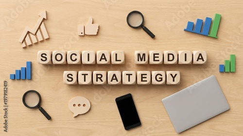 Wooden cubes spelling “Social Media Strategy