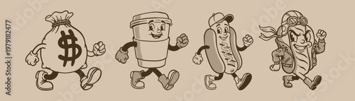 Vector illustration collection pack set of retro groovy cartoon character. retro mascot cartoon characters, groovy cartoons vintage rubber hose style