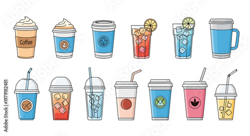 Collection of assorted beverages in takeaway plastic cups and glass tumblers featuring colorful drinks and straws.