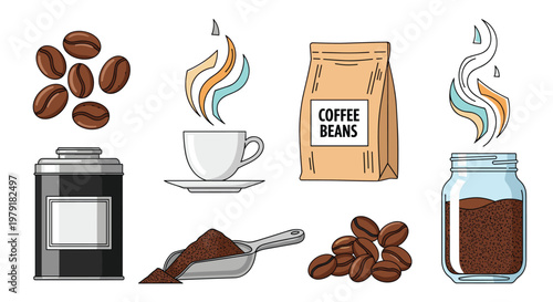 Coffee themed collection featuring beans, a steaming cup, a bag of coffee beans, and a jar of ground coffee for cafe designs.
