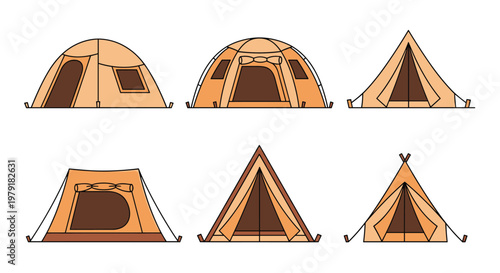 Assorted orange camping tents in different styles and shapes for outdoor adventure and wilderness exploration.