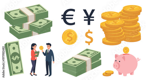 Financial business collection featuring stacks of cash, gold coins, currency symbols and cute pink piggy bank.