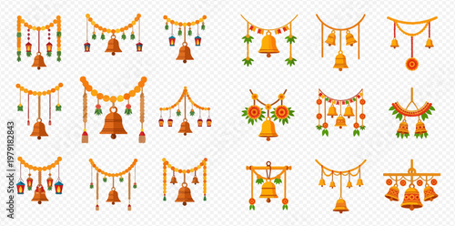Set of traditional Indian decorative garlands with golden bells, flowers, and beads for festive occasions and celebrations.