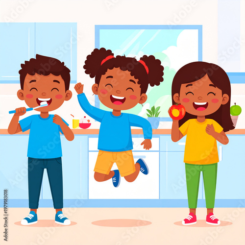 Children Brushing Teeth and Eating.