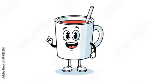 Friendly cartoon white mug character filled with red liquid and a straw gesturing with a happy expression.