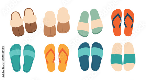 Assorted collection of colorful indoor slippers and outdoor flip flops in various stylish designs and materials.