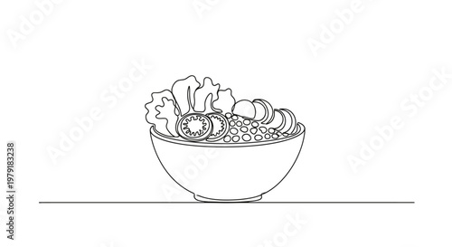 Healthy Salad Bowl Line Art - Fresh Vegetables, Healthy Eating, Simple Illustration