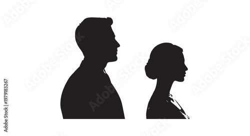 Silhouettes of two people engaged in conversation against a white background
