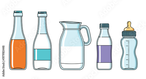 Collection of assorted glass liquid containers featuring milk bottles, a juice jug and a baby feeding bottle.
