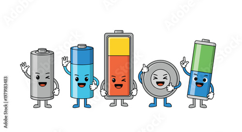 Group of five funny battery characters with expressive faces representing various levels of stored electric charge.