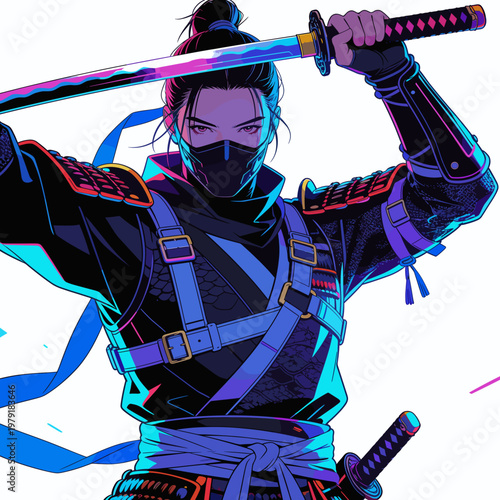 Anime ninja warrior wielding katana with blue ribbons in dynamic pose  