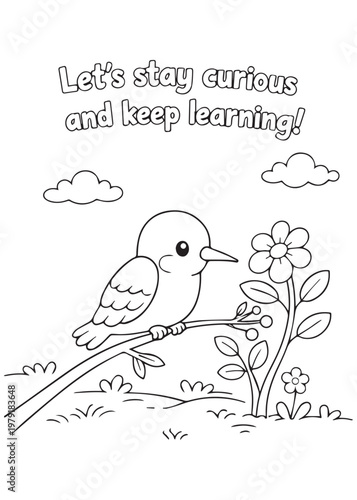coloring book hummingbird staying curious and keeping learning near a flower