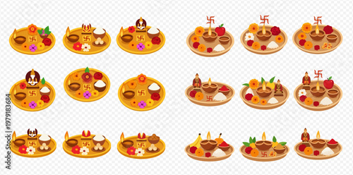 Set of traditional Indian puja thali for religious ceremonies and festivals.