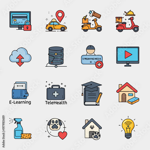 E learning and telehealth icons set.