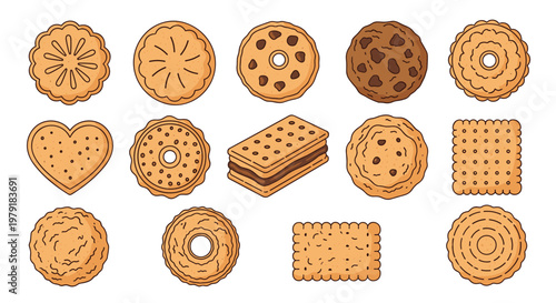 Delicious assortment of various cookies and biscuits including chocolate chip, heart shaped and sandwich varieties.