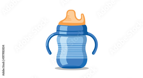 Modern baby sippy cup in blue and light blue colors with dual handles and a soft orange silicone drinking spout.