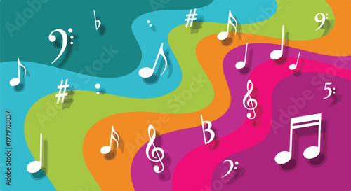 Musical Notes and Symbols on Colorful Background.