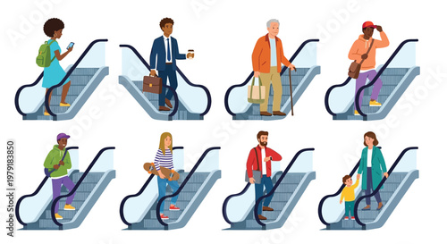 Diverse group of people riding escalators in a public transit setting