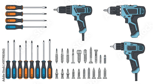 Extensive tool collection featuring manual screwdrivers, electric power drills and assorted metal screws and bits.