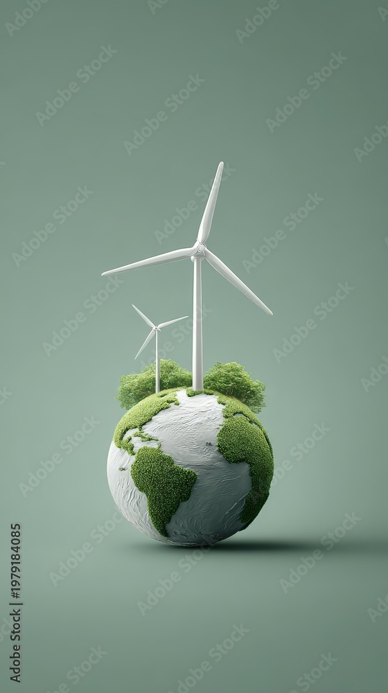 Naklejka premium Eco-friendly world with wind turbines. industrial energy efficiency green factory renewable energy sustainable industry clean technology carbon reduction
