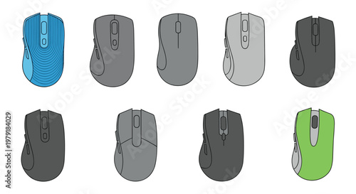 Variety of modern computer mouse designs in different colors and ergonomic shapes for office work and high-performance gaming setups.