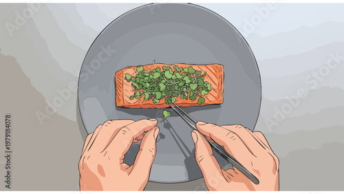 Chef Garnishing Salmon Dish with Herbs, Food Preparation Close-up