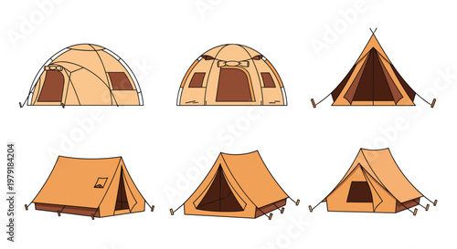 Variety of camping tents in different styles including dome, tipi, and cabin designs for outdoor adventure and wilderness exploration trips.
