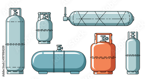 Industrial set of pressurized gas cylinders and storage tanks in different sizes and orientations for fuel and chemical supply systems.