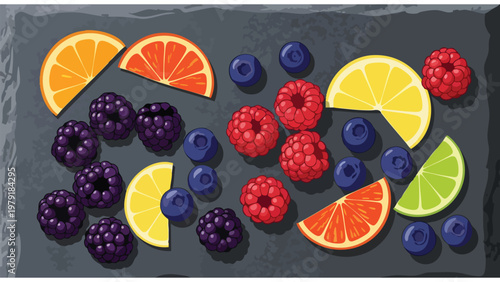 Fresh Berries & Citrus Slices Top View Flat Lay Food Photography for Commercial Use