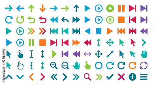 Collection of colorful media player control and navigation symbols