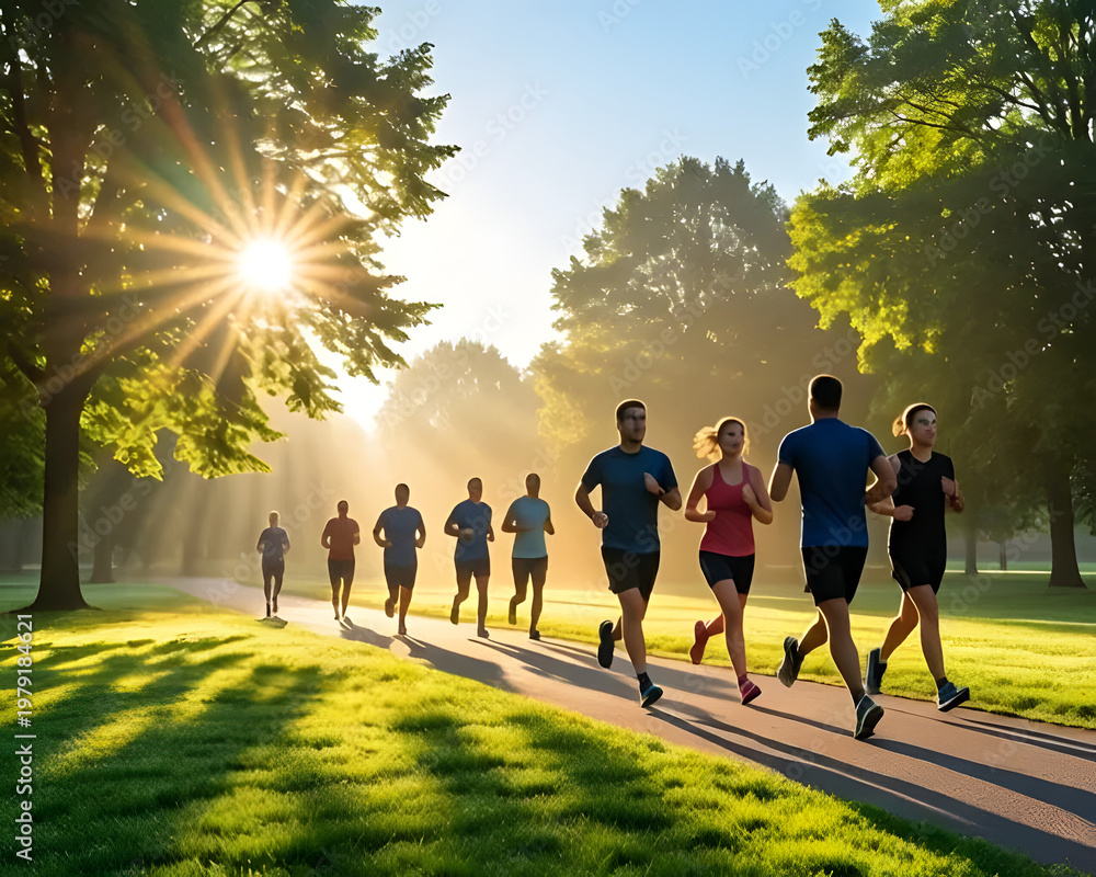 Obraz premium people jogging together in a park during a bright morning