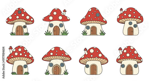Charming collection of mushroom houses with red spotted roofs, wooden doors, and round windows for fantasy village and fairytale themes.