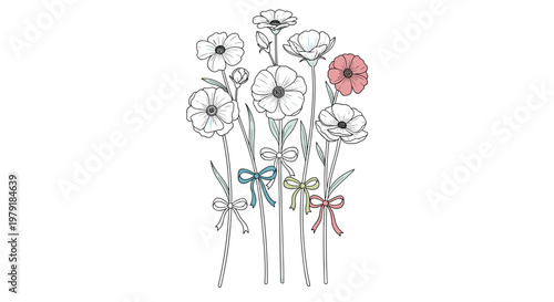 Elegant hand-drawn bouquet of delicate flowers tied with colorful ribbons including pink, blue, and yellow bows for romantic card designs.