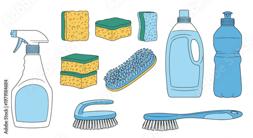 Comprehensive set of household cleaning supplies including spray bottles, sponges, detergents, and scrub brushes for home maintenance tasks.